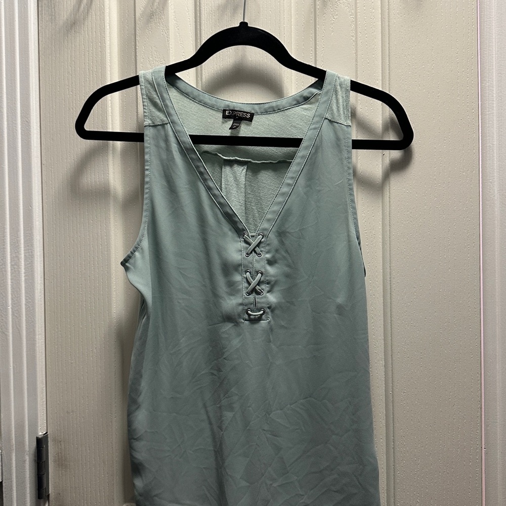 Express Light Teal V-Neck Sleeveless Tank Top with Tie Front